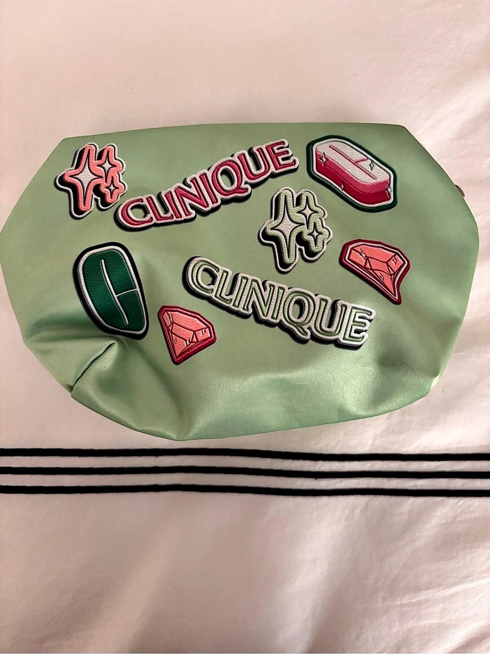Clinique Limited Edition Mint Green Makeup Bag Satin Pouch Patch Pop Art